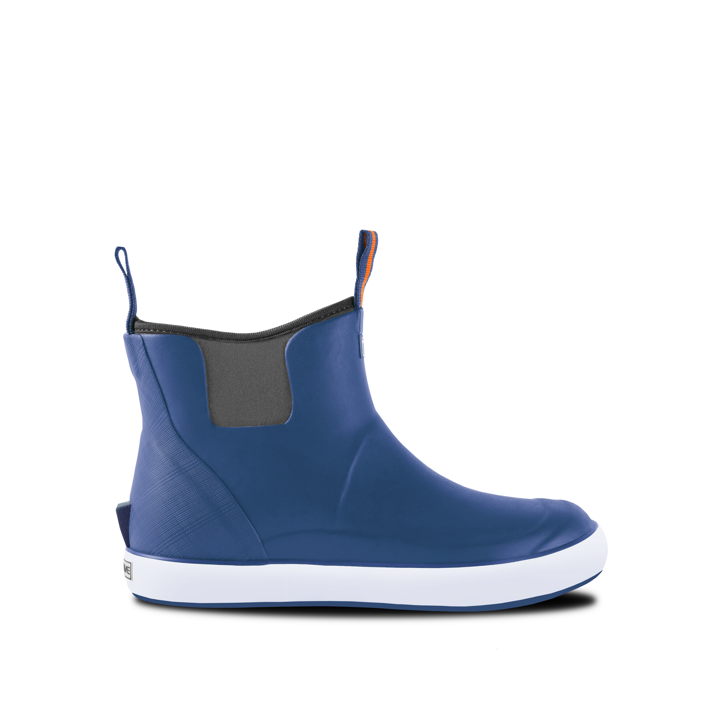 Side view of Trudave DeckFlow Series women’s ankle waterproof rubber deck boots in legion blue showing durable waterproof shell and non-slip sole for fishing and boating